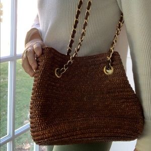 90’s vintage brown straw bucket purse